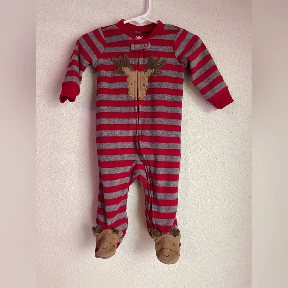 Carter's Fleece Warm and Cozy Red and Gray Striped Footie with Moose size 3/6M